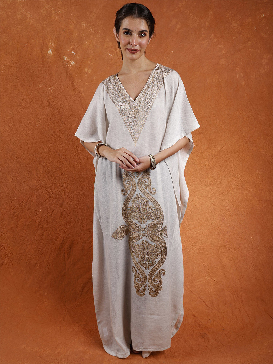 Exotic India Vaporous Gray Pure Wool Long Kashmiri Kaftan with Tilla Embroidered Paisleys