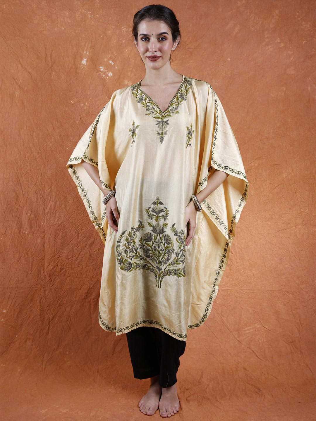 Exotic India Summer Melon Pure Silk Short Kashmiri Kaftan with Floral Aari Hand Embroidery