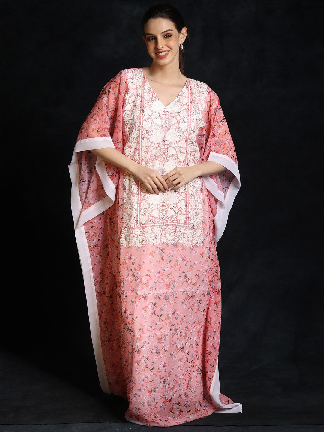 Exotic India Blooming Dahlia Long Kashmiri Georgette Kaftan with Floral Aari Embroidered