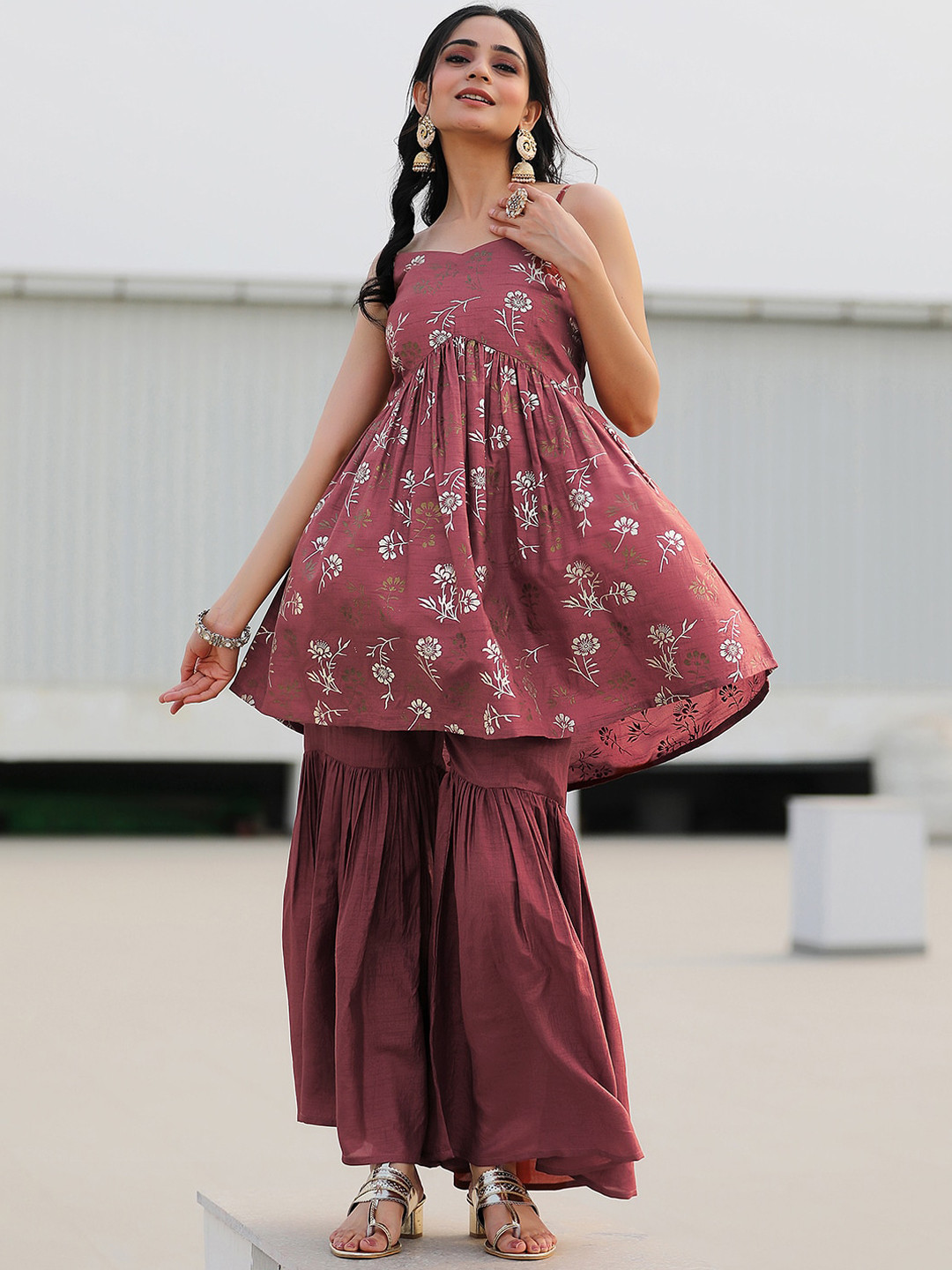 Libas Womens Brown Printed A-Line Kurta With Sharara
