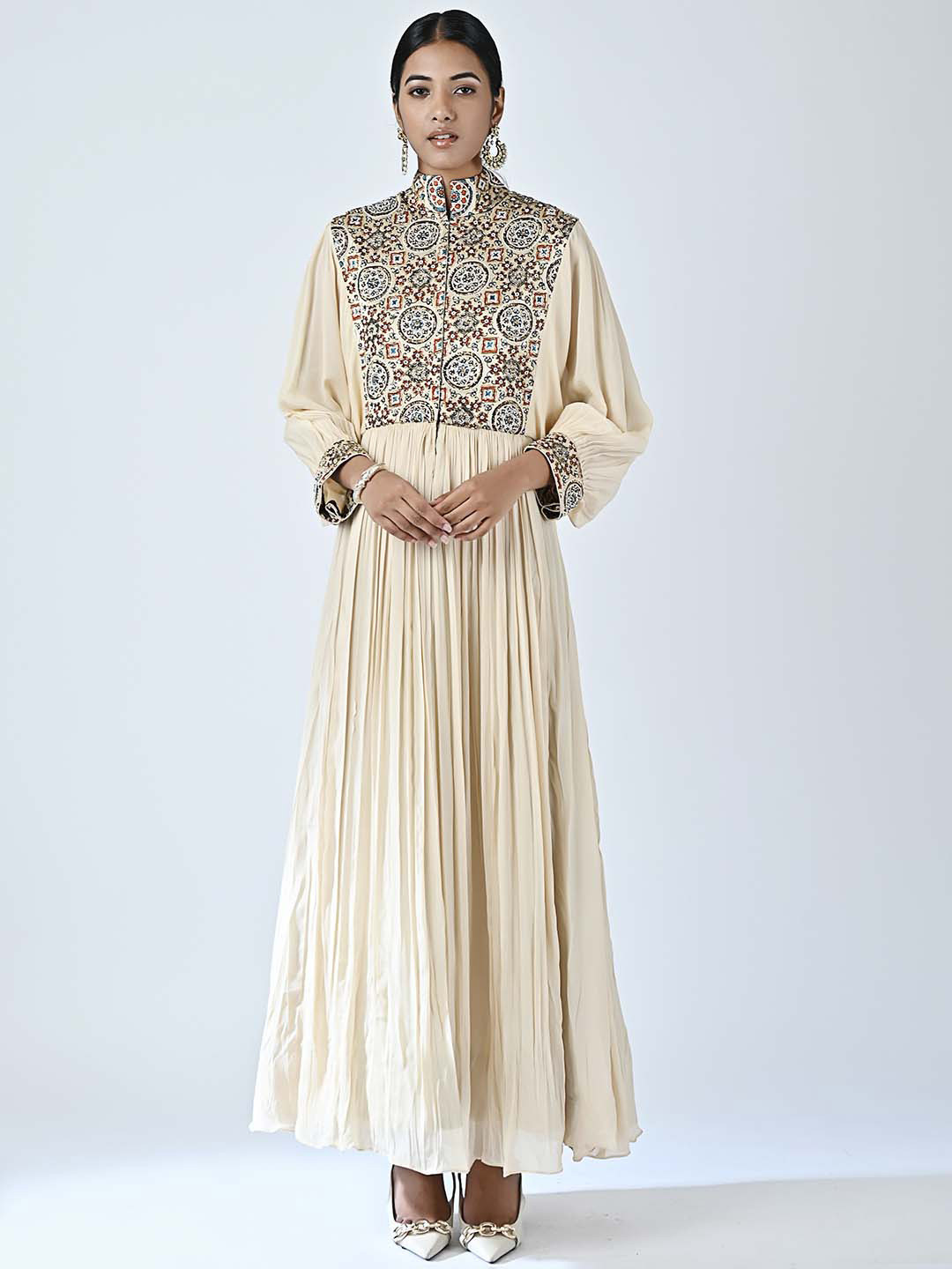 Sejal Kamdar Mandarin Collar Embellished Crepe Maxi Dress
