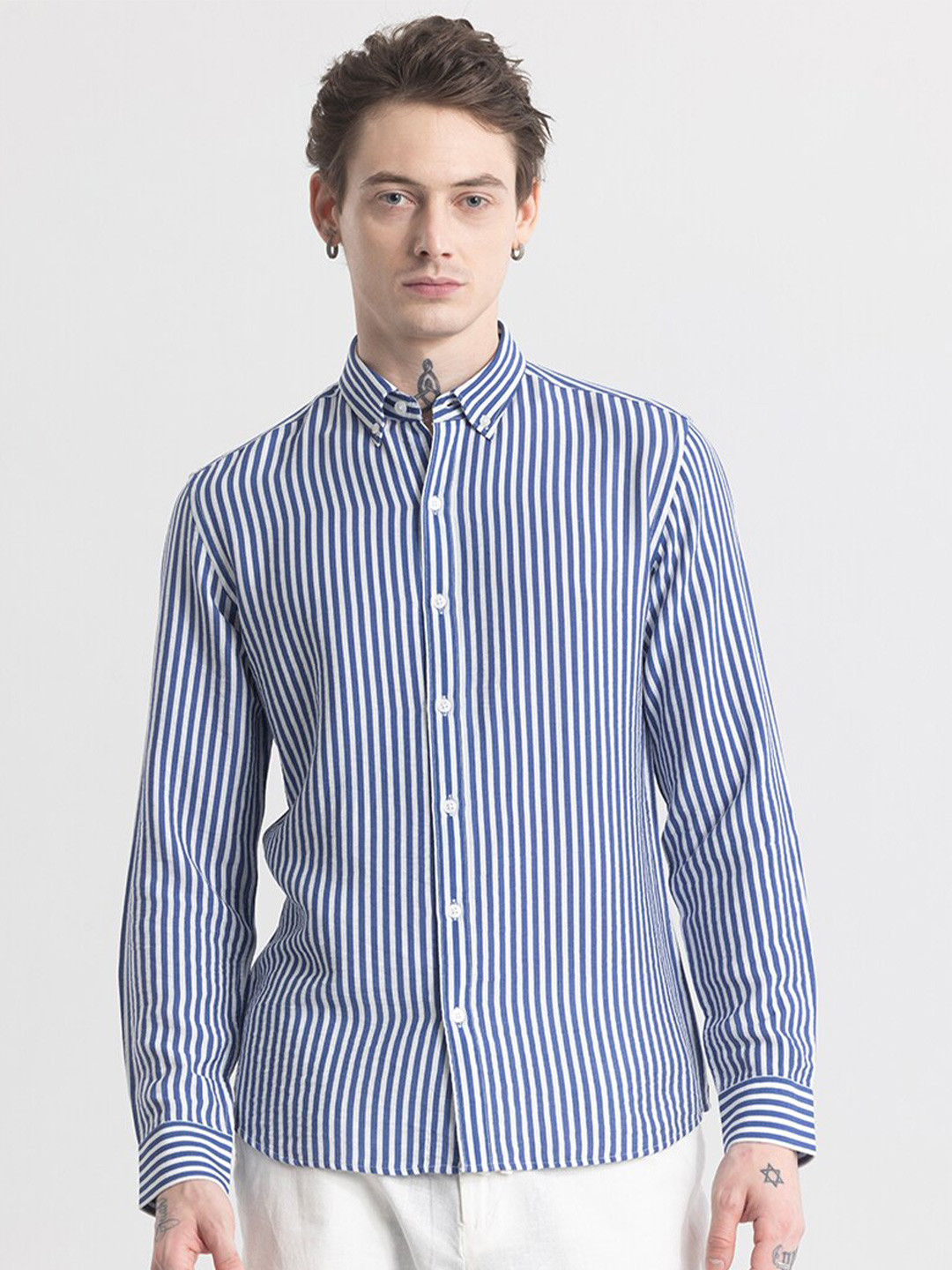 Snitch Blue Classic Slim Fit Vertical Stripes Button-Down Collar Casual Shirt