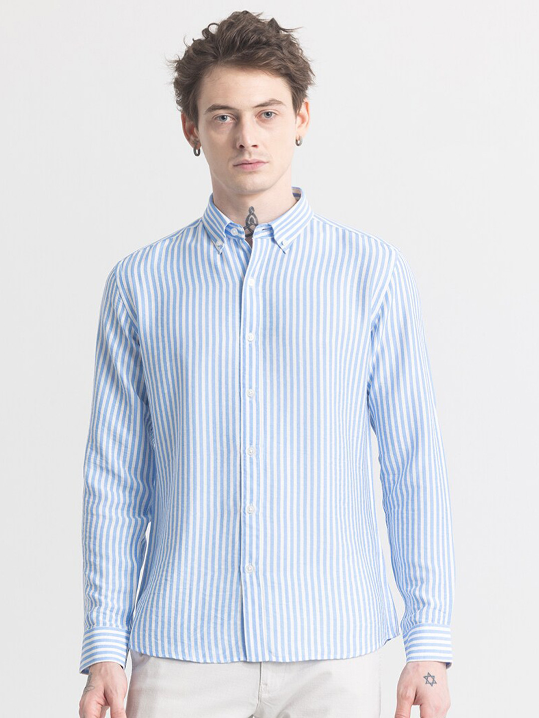 Snitch Blue & White Striped Classic Slim Fit Opaque Casual Shirt