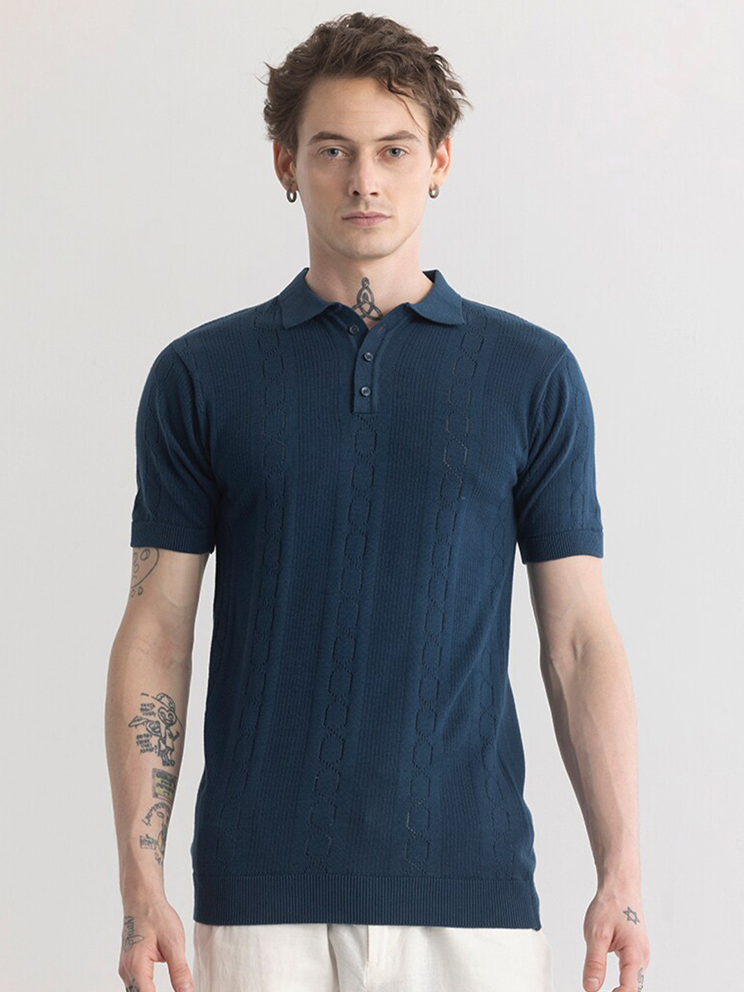 Snitch Navy Blue Polo Collar Short Sleeves Slim Fit Cotton T-shirt