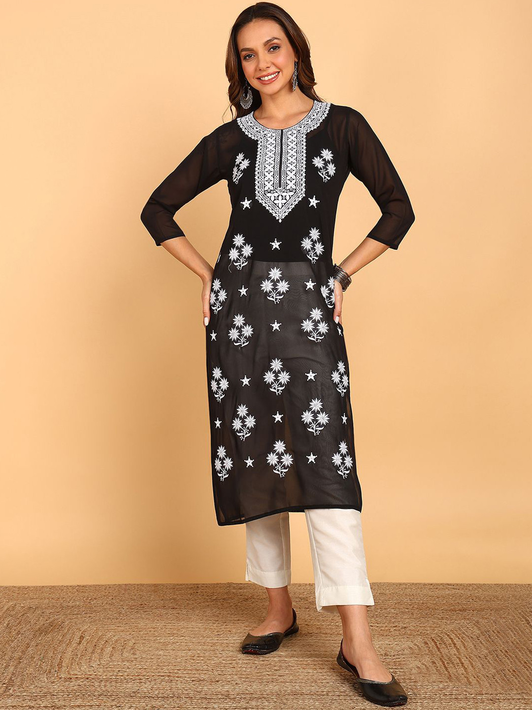 TOP N THREAD Women's Chikankari Embroidered Floral Yoke Design Mirror Work georgette Kurta