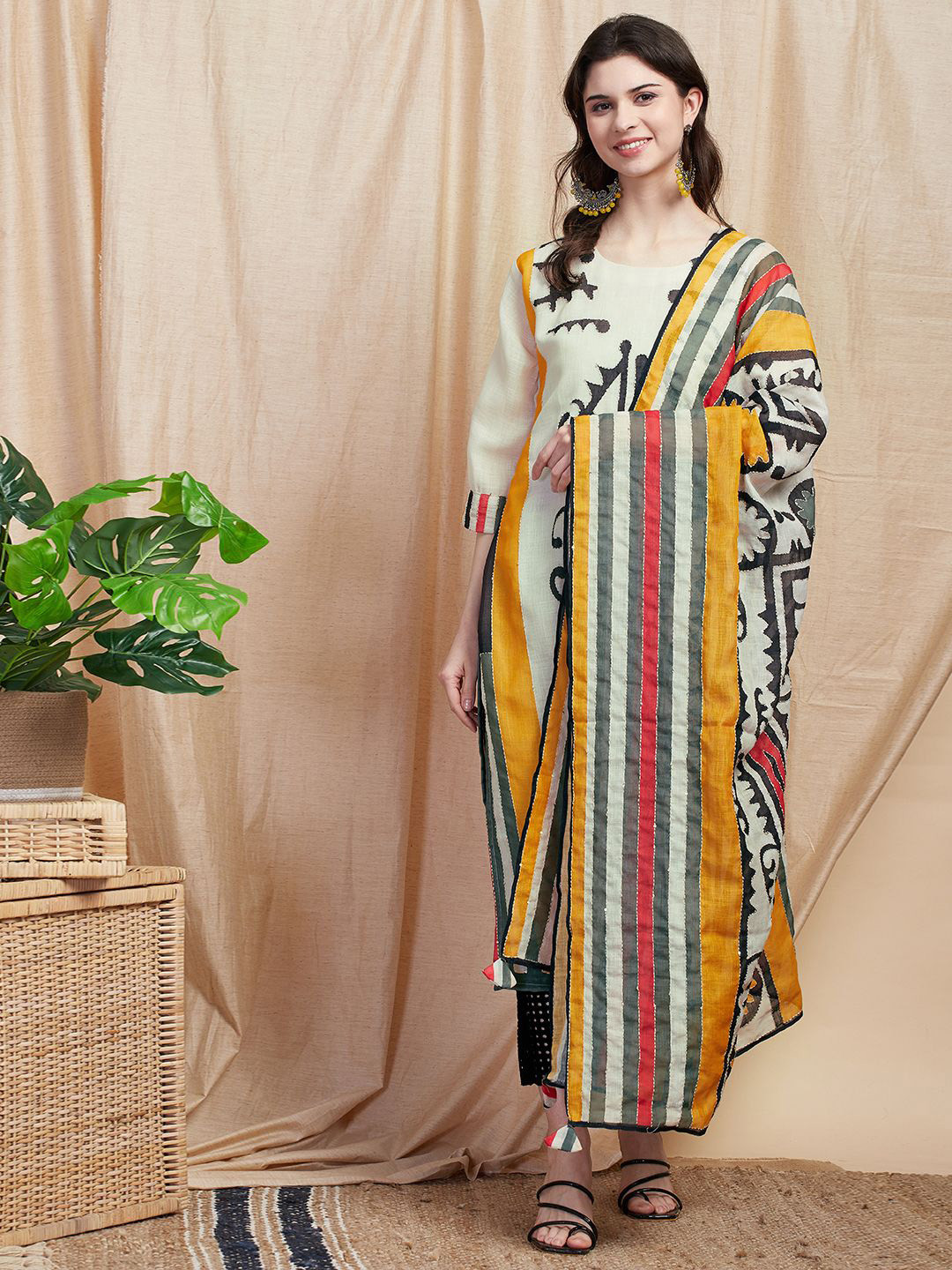 FASHOR Ethnic Motifs Printed Kantha Embroidered Organic Cotton Straight Kurta & Duppatta