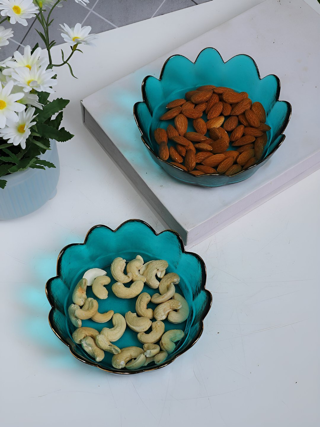 TAYHAA Set of 2 Teal Flower shaped Glass Serving Bowl