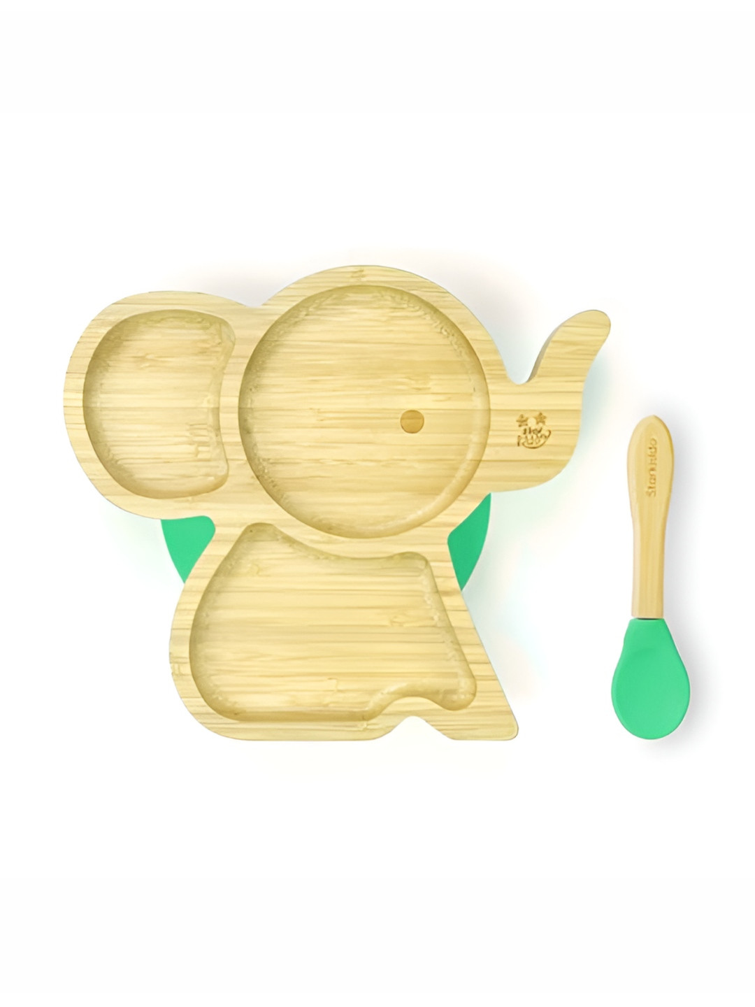 Starkiddo Brown & Green Elephant-Shape Bamboo Plate With Spoon & Fork