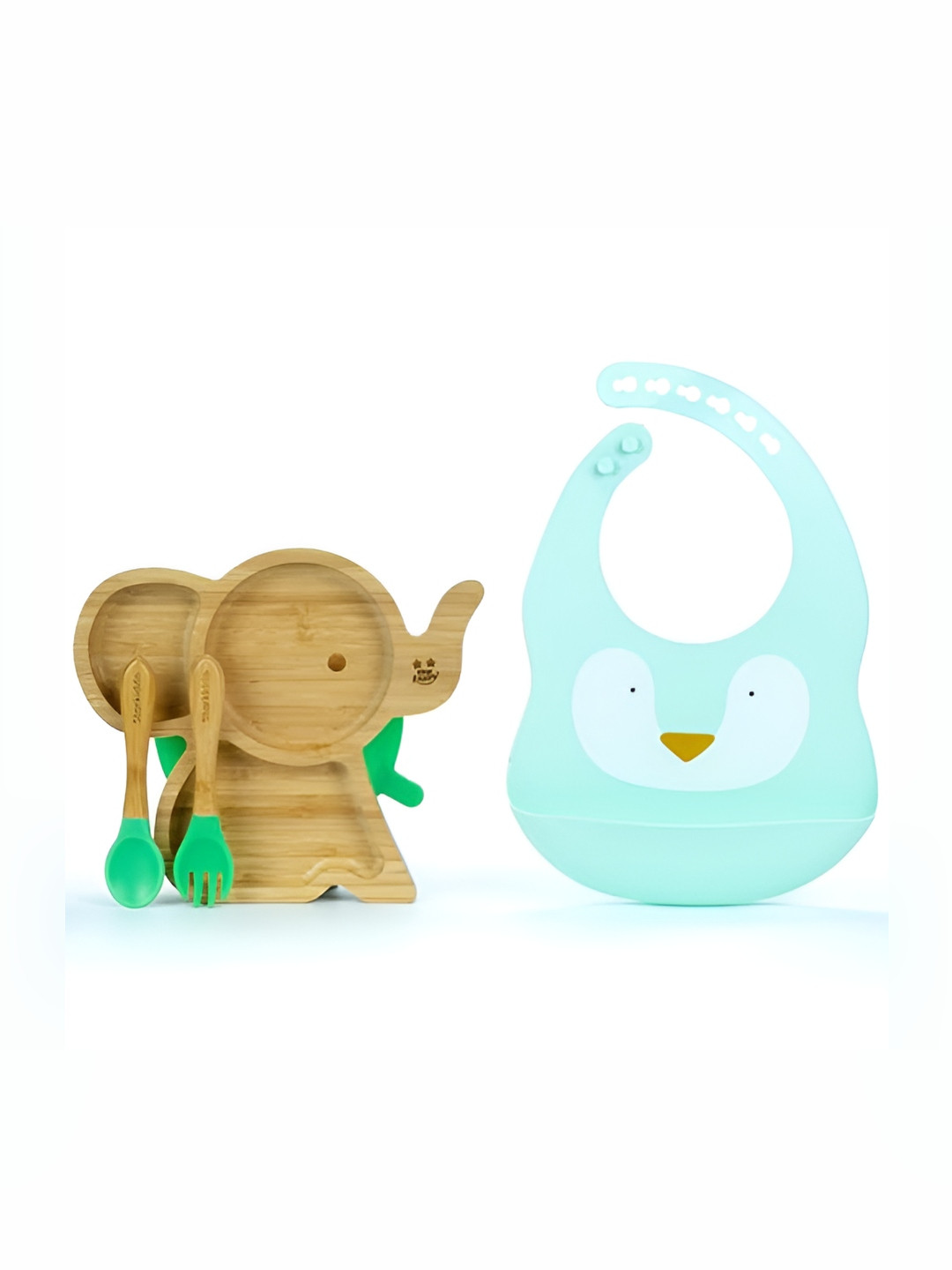 Starkiddo Brown & Green Elephant-Shape Bamboo Plate With Spoon & Fork