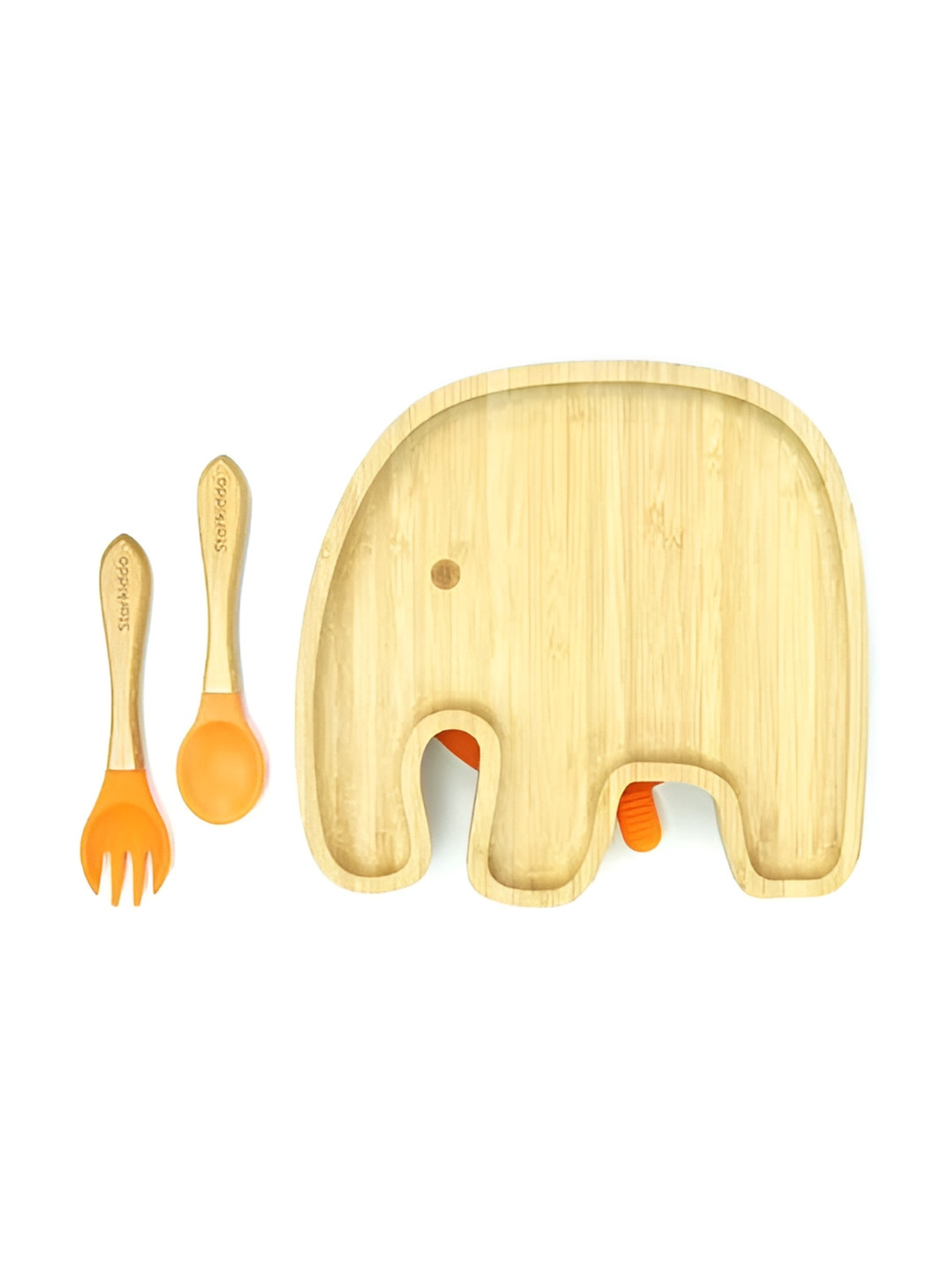 Starkiddo Brown & Orange-Coloured Elephant-Shape Bamboo Plate With Spoon & Fork