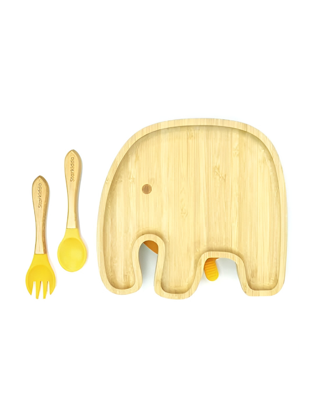 Starkiddo Brown & Yellow Elephant-Shape Bamboo Plate With Spoon & Fork