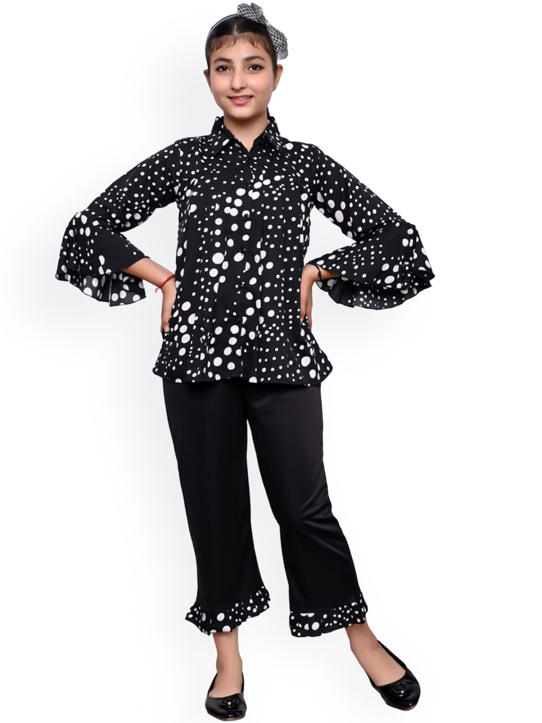 FELLAMO -Girls Pola-Dot Print Shirt & Solid Palazzos Co-Ord Set