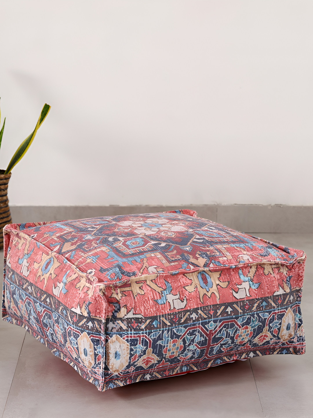 HANDICRAFT PALACE Red Abstract Printed Cotton Floor Ottoman With Filling
