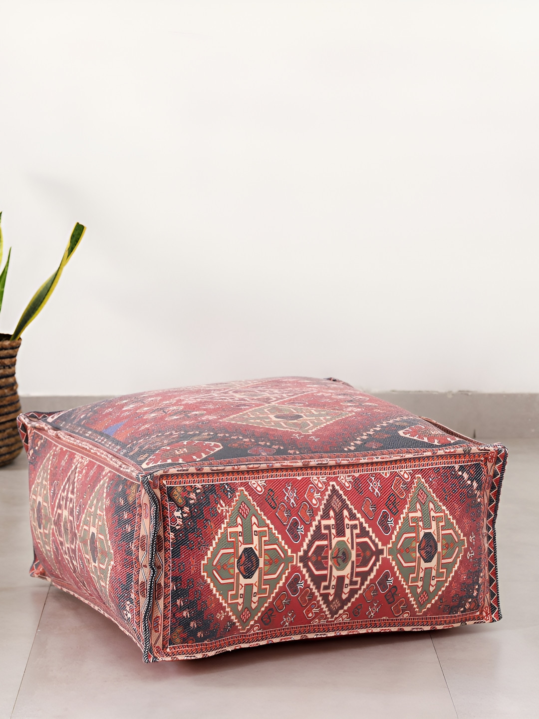 HANDICRAFT PALACE Maroon & Navy Blue Geometric Printed Cotton Square Ottoman