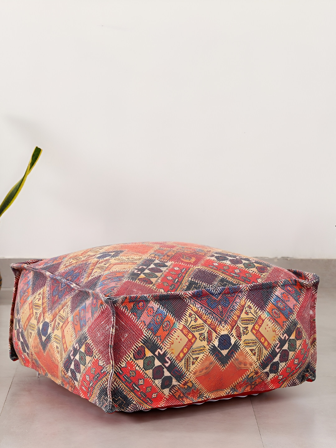 HANDICRAFT PALACE  Red & Beige Geometric Printed Cotton Square Ottoman With Filling