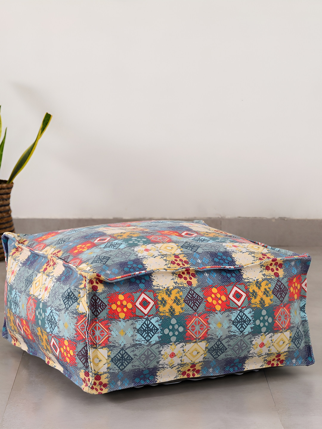 HANDICRAFT PALACE Grey & Red Geometric Printed Cotton Floor Ottoman With Filling