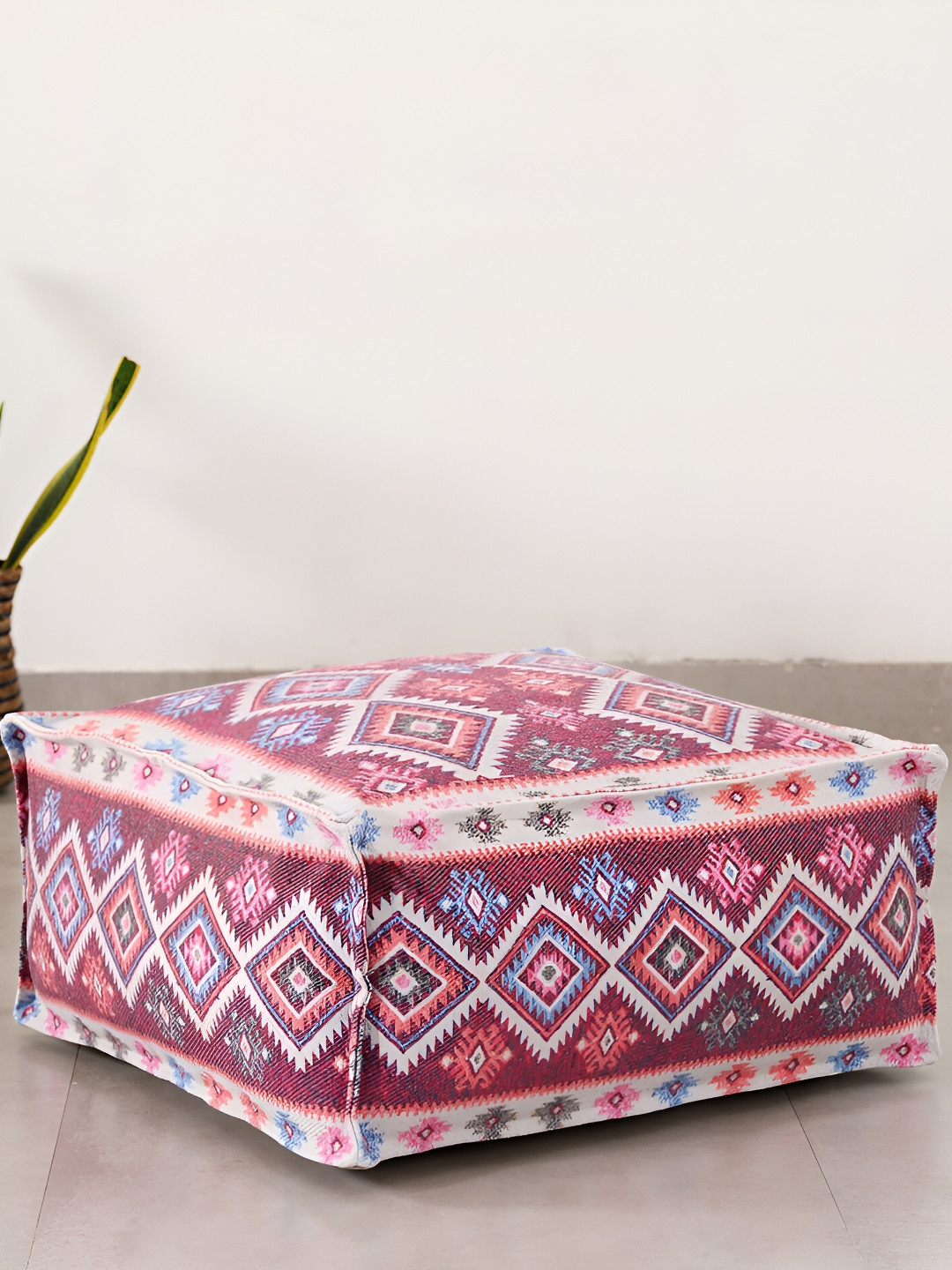 HANDICRAFT PALACE Maroon & White Ikat Digital Printed Cotton Square Ottoman With Filling