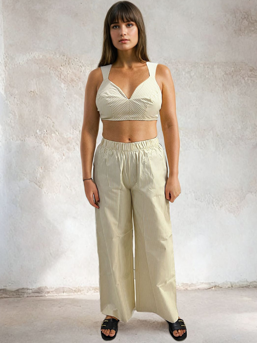 PEACH & PANDA Women Relaxed Flared Cotton High-Rise Trousers