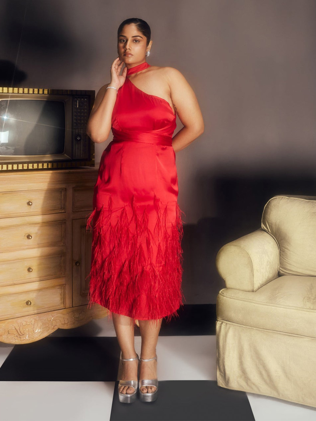 Lea Clothing Co Fringed One Shoulder A-Line Midi Dress