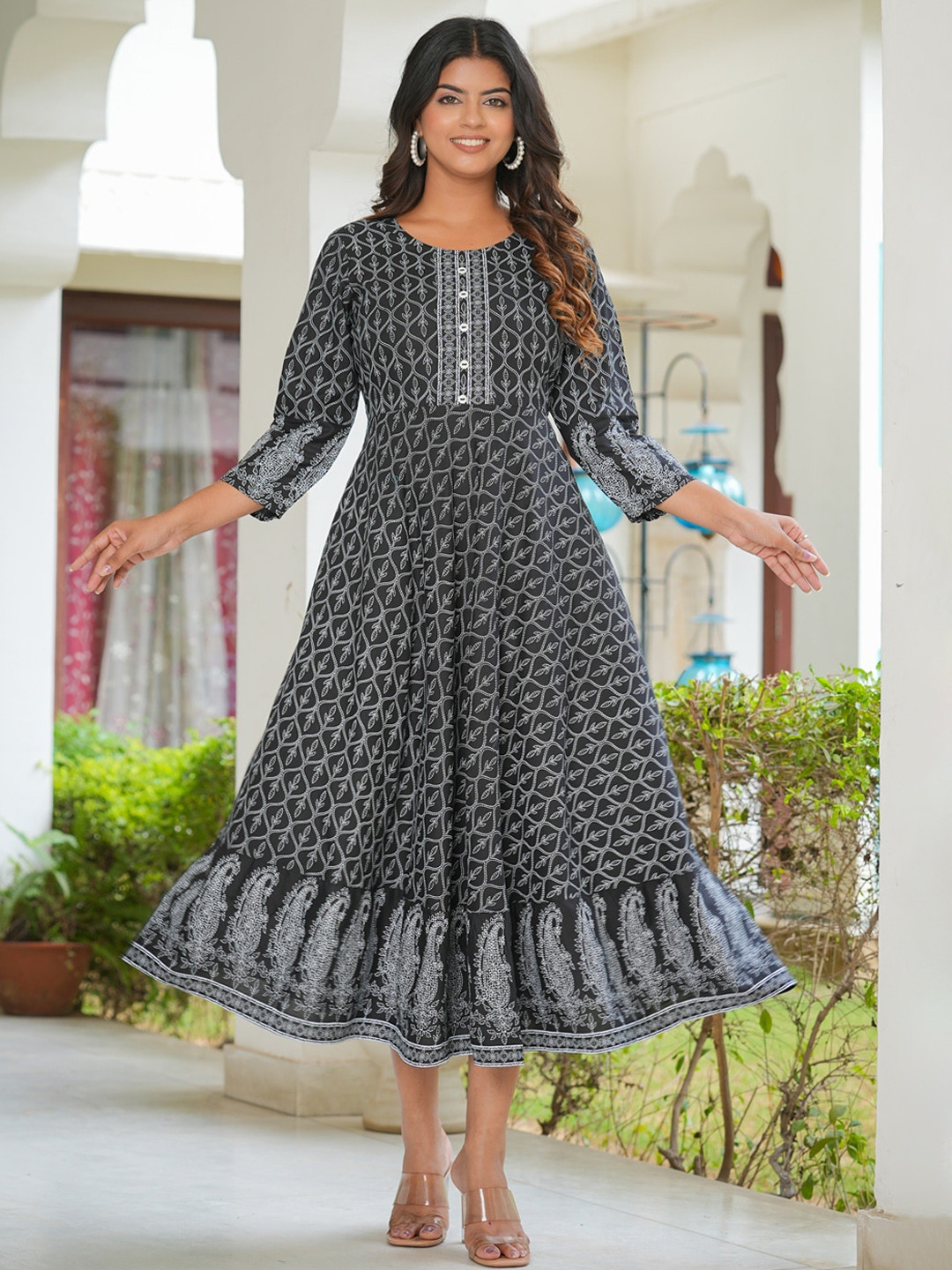 KALINI Geometrical Jamdani Printed A-Line Kurta