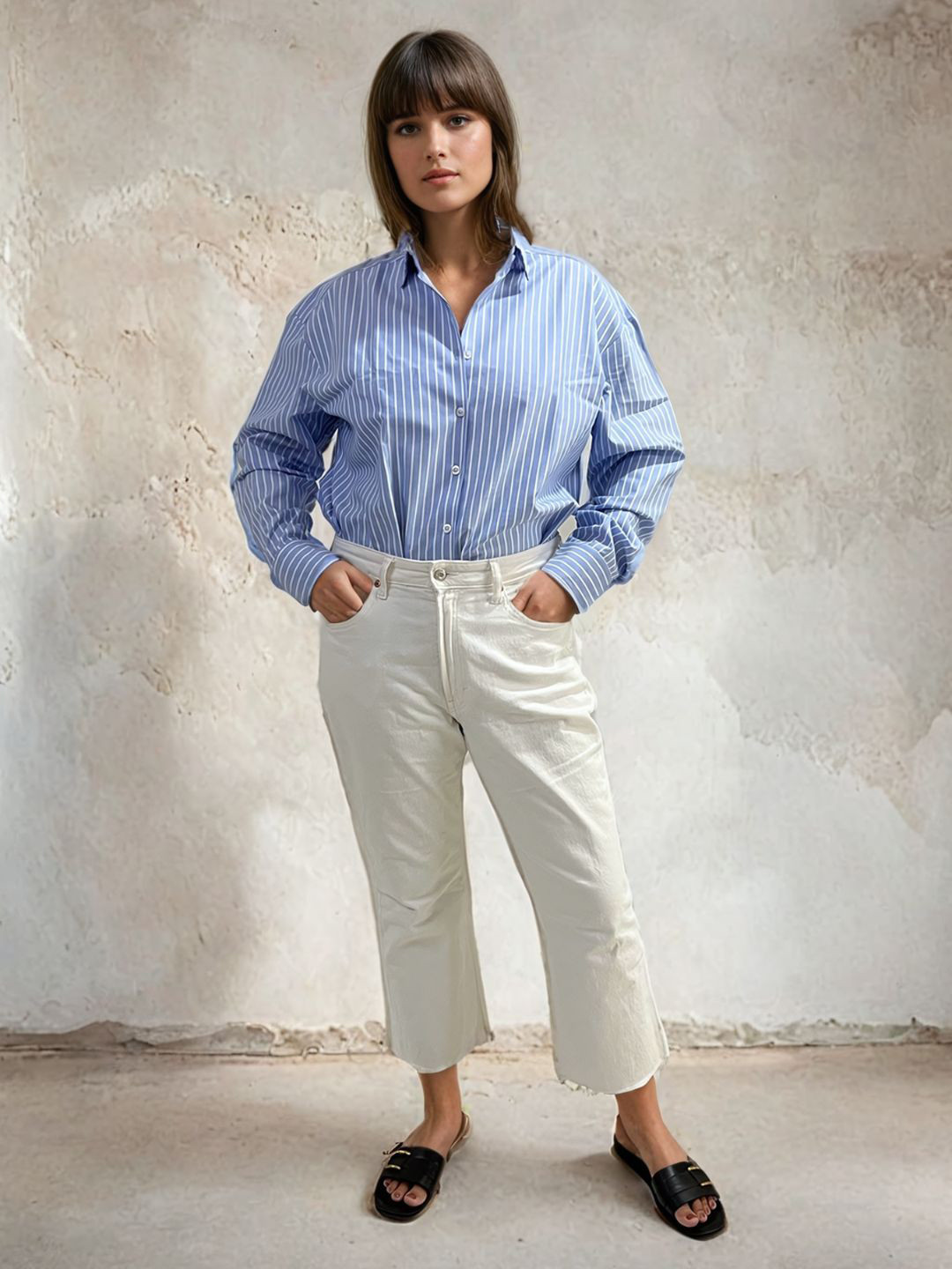 PEACH & PANDA Relaxed Oversized Vertical Stripes Cotton Casual Shirt