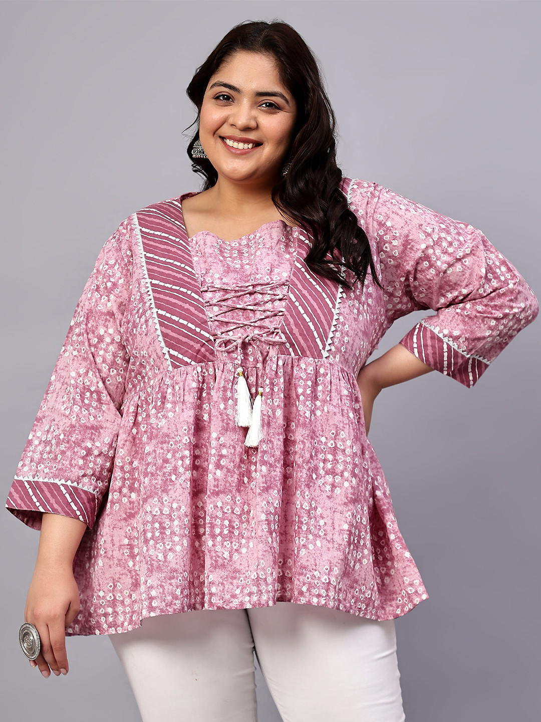 Indietoga Plus Size Printed Square Neck Tie-Ups Cotton Longline Tunic