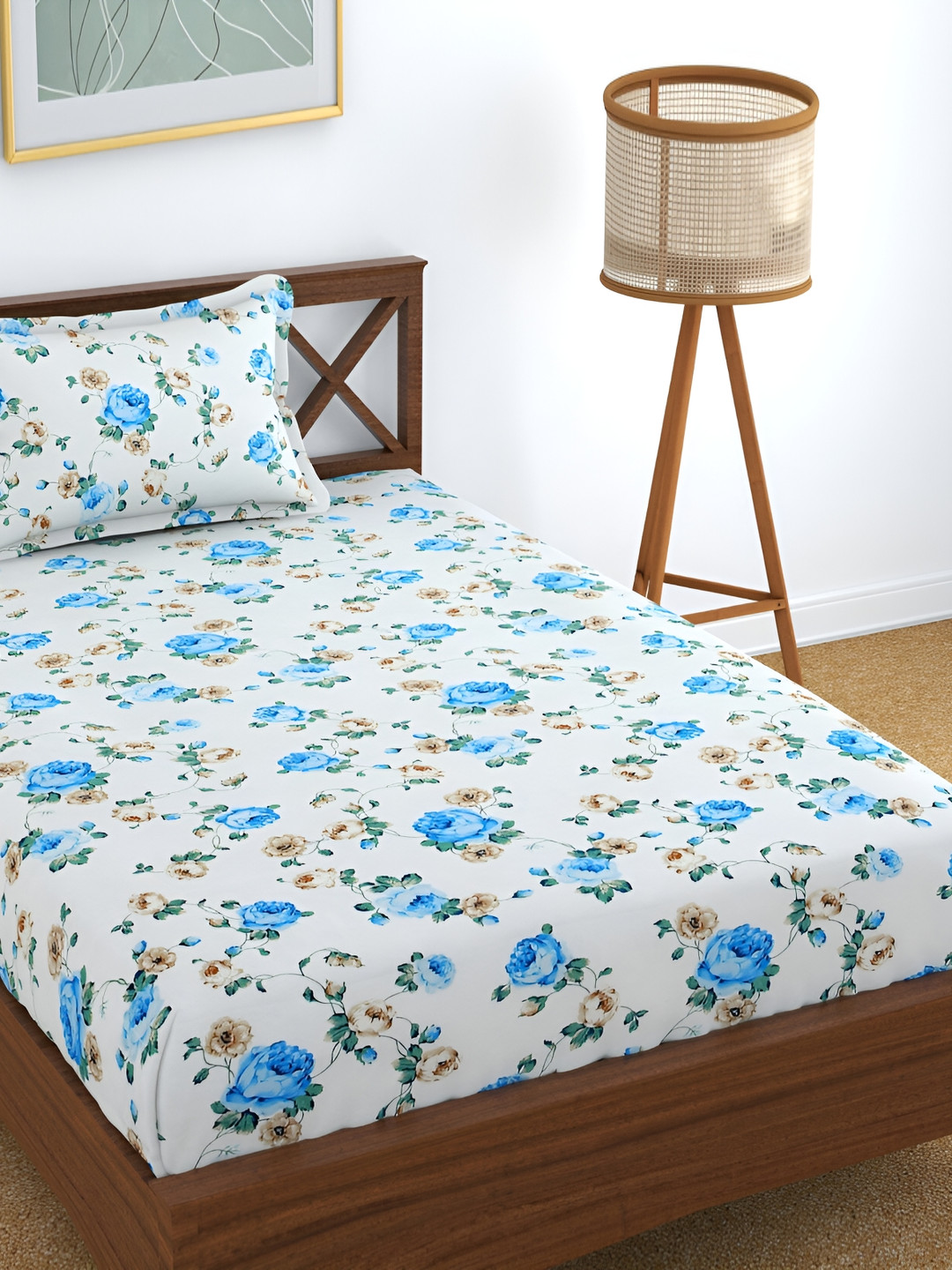 UrbanArts Bamboo Blue Floral Polycotton 180 TC Single Fine Bedsheet with a Pillow Cover-226.06 x 144.78 cm