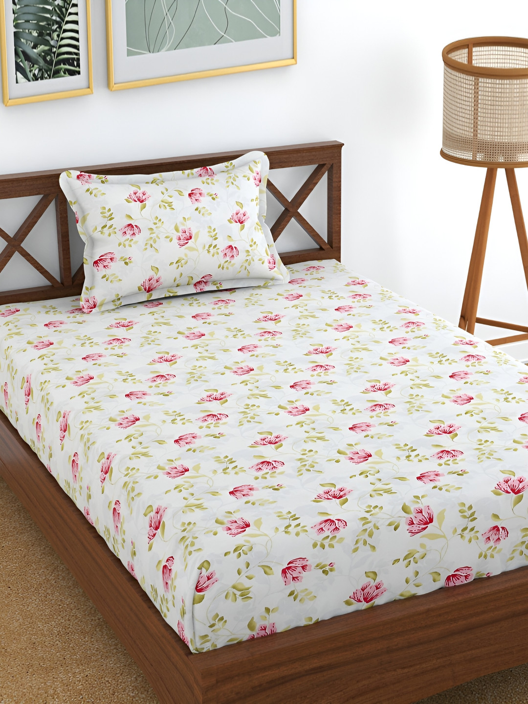 UrbanArts White Floral Polycotton 180 TC Single Fine Bedsheet with a Pillow Cover-226 x 144 cm