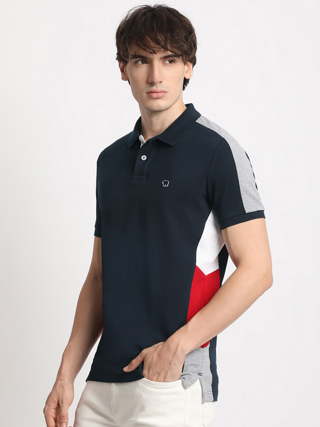 THE BEAR HOUSE Colourblocked Polo Collar Pure Cotton Slim Fit T-shirt