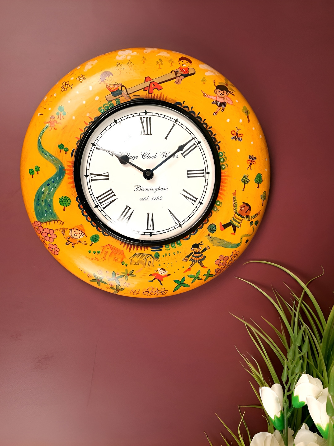 apka mart Yellow Wood Silent Clock Round Battery Analogue Wall Clock-29cm