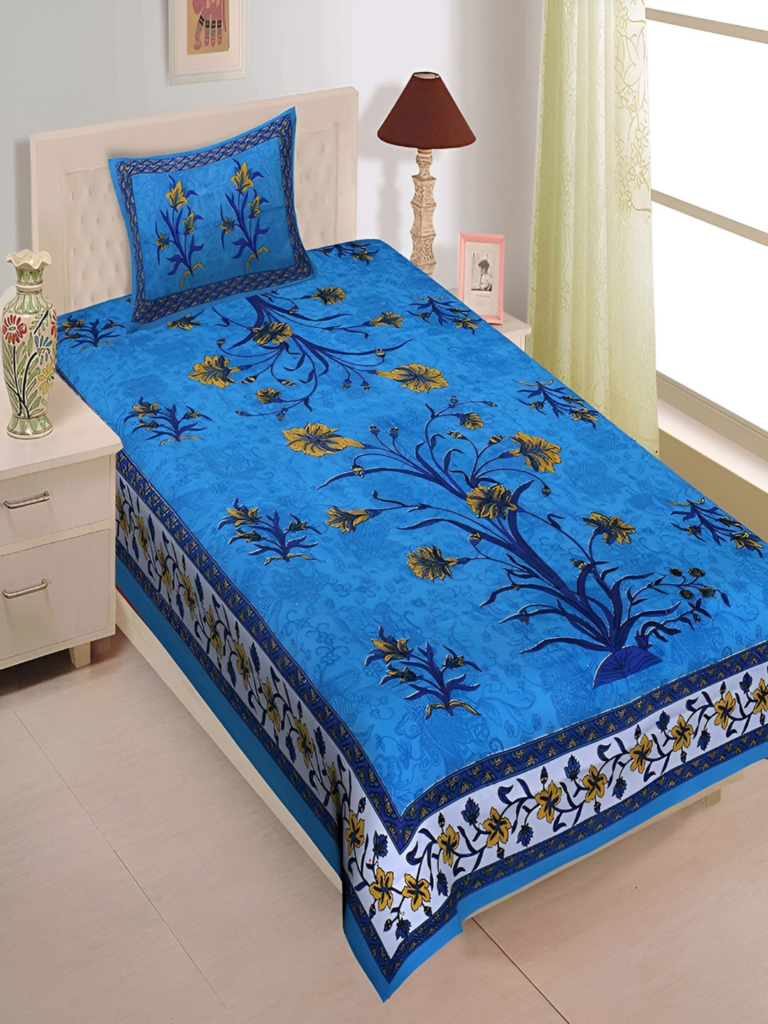 Aura Royal Passion Turquoise Blue Floral Cotton 120 TC Single Bedsheet with 2 Pillow Covers-89 x 57 inches