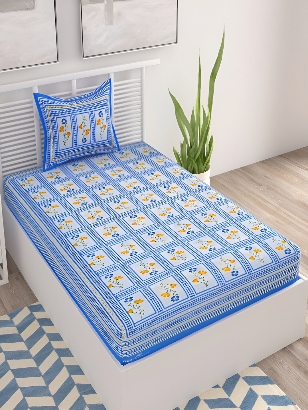 Aura Bombay Blue Floral Cotton 120 TC Single Bedsheet with a Pillow Cover-225 x 145 cm
