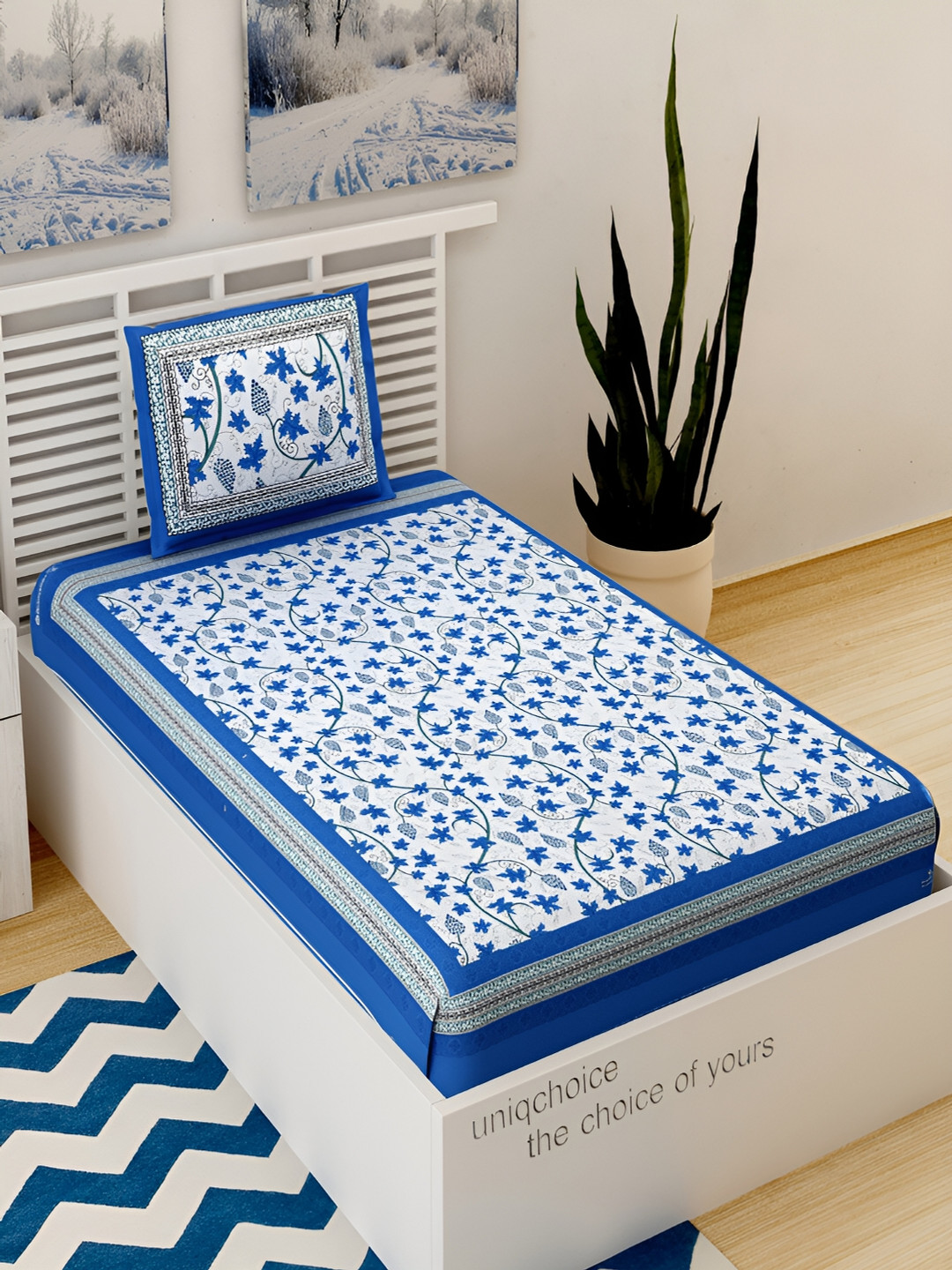 Aura Jaipuri Blue Floral Cotton 120 TC Single Bedsheet with a Pillow Cover-89 x 57 inches