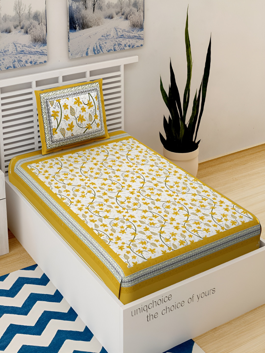 Aura Jaipuri Yellow Floral Pure Cotton 120 TC Single Bedsheet with 2 Pillow Covers-89 x 57 inches