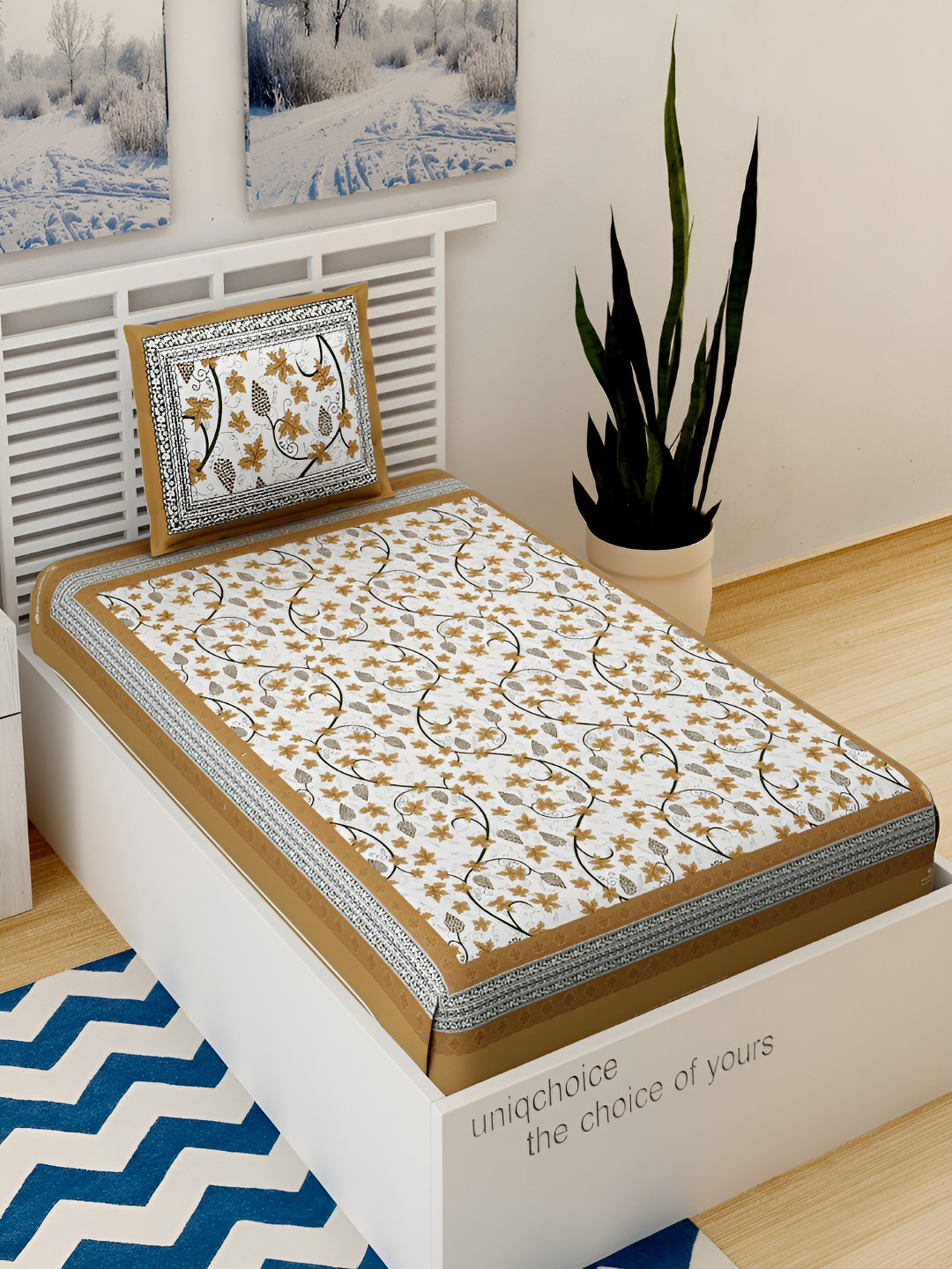 Aura Anugurbal Brown Floral Cotton 120 TC Single Bedsheet with 2 Pillow Covers-225 x 145 cm