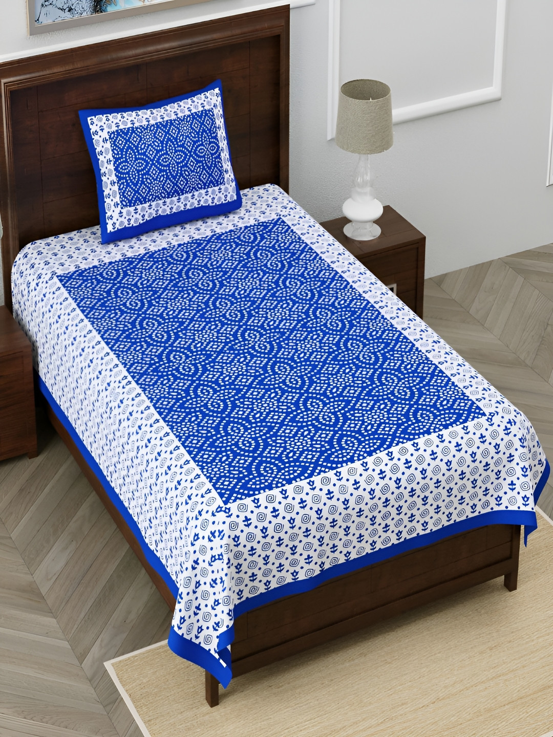 Aura Bandhej Blue Self Design Pure Cotton Skin-Friendly 120 TC Single Bedsheet with 2 Pillow Covers-225 x 145 cm