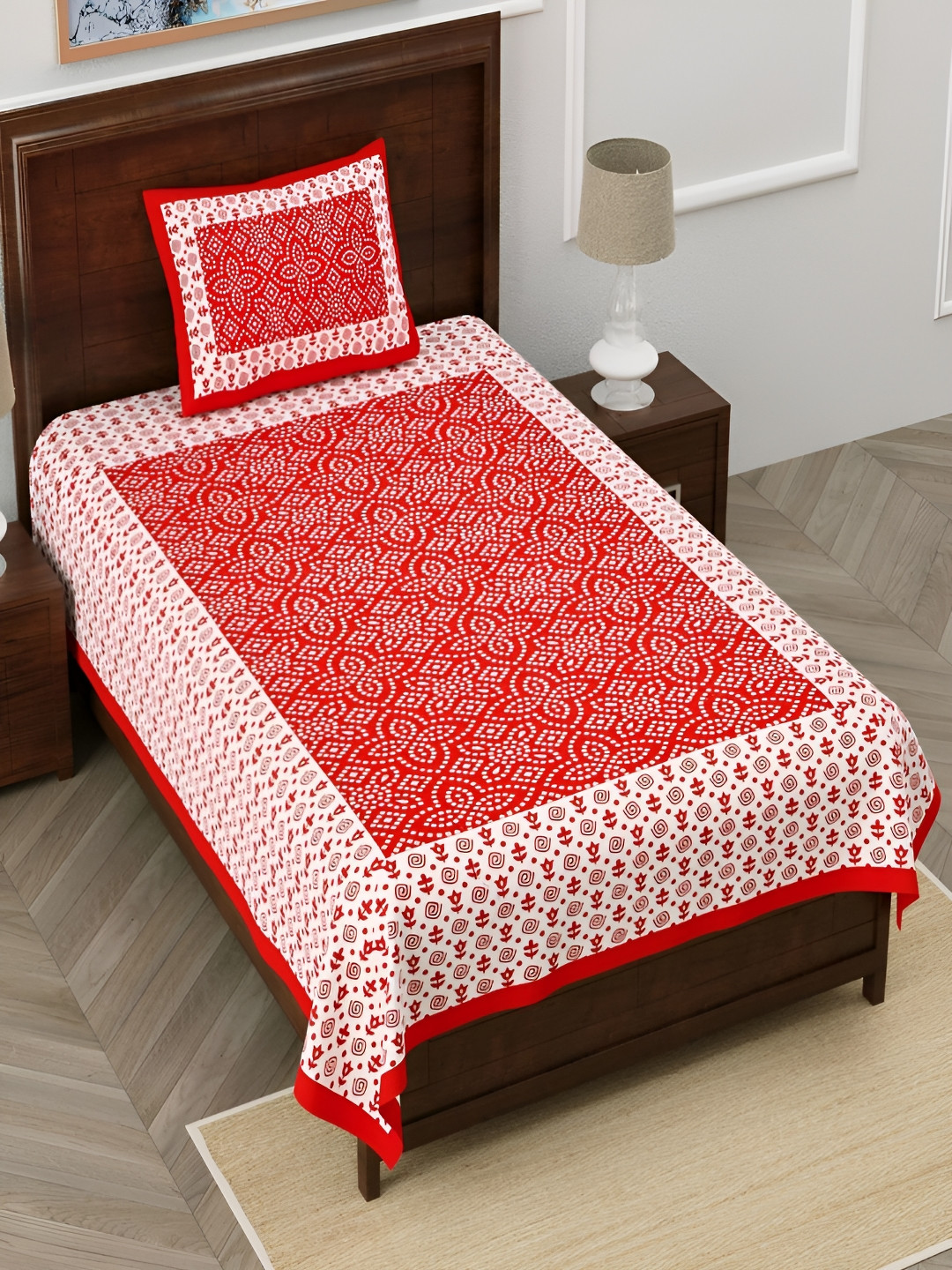 Aura Red Ethnic Motifs Cotton 120 TC Single Bedsheet with a Pillow Cover-89 x 57 inches