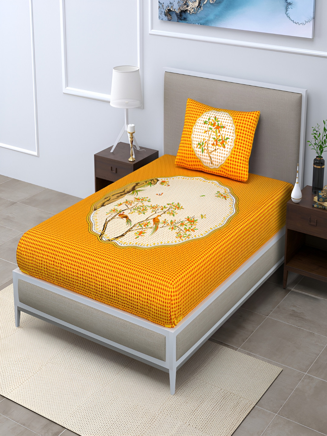 Aura Yellow & Orange Floral Cotton 120 TC Single Bedsheet with 2 Pillow Covers
