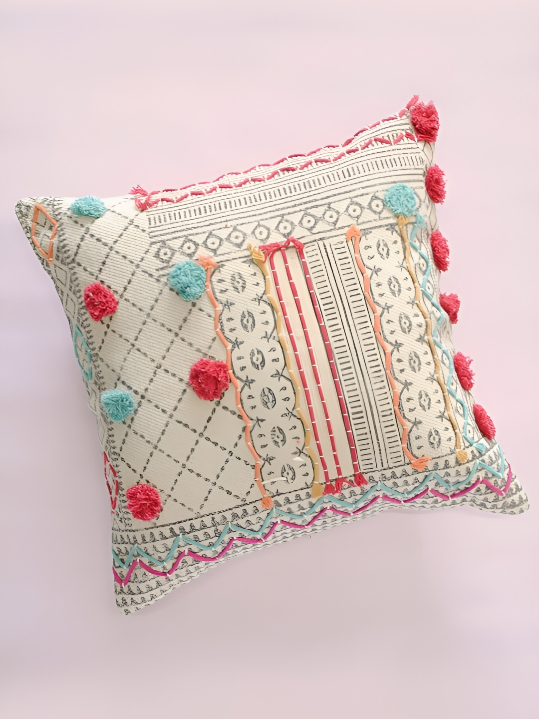 Art Avenue BRISK Hand Block Embroidered Cotton Textured Cushion Covers - 18 x 18 In