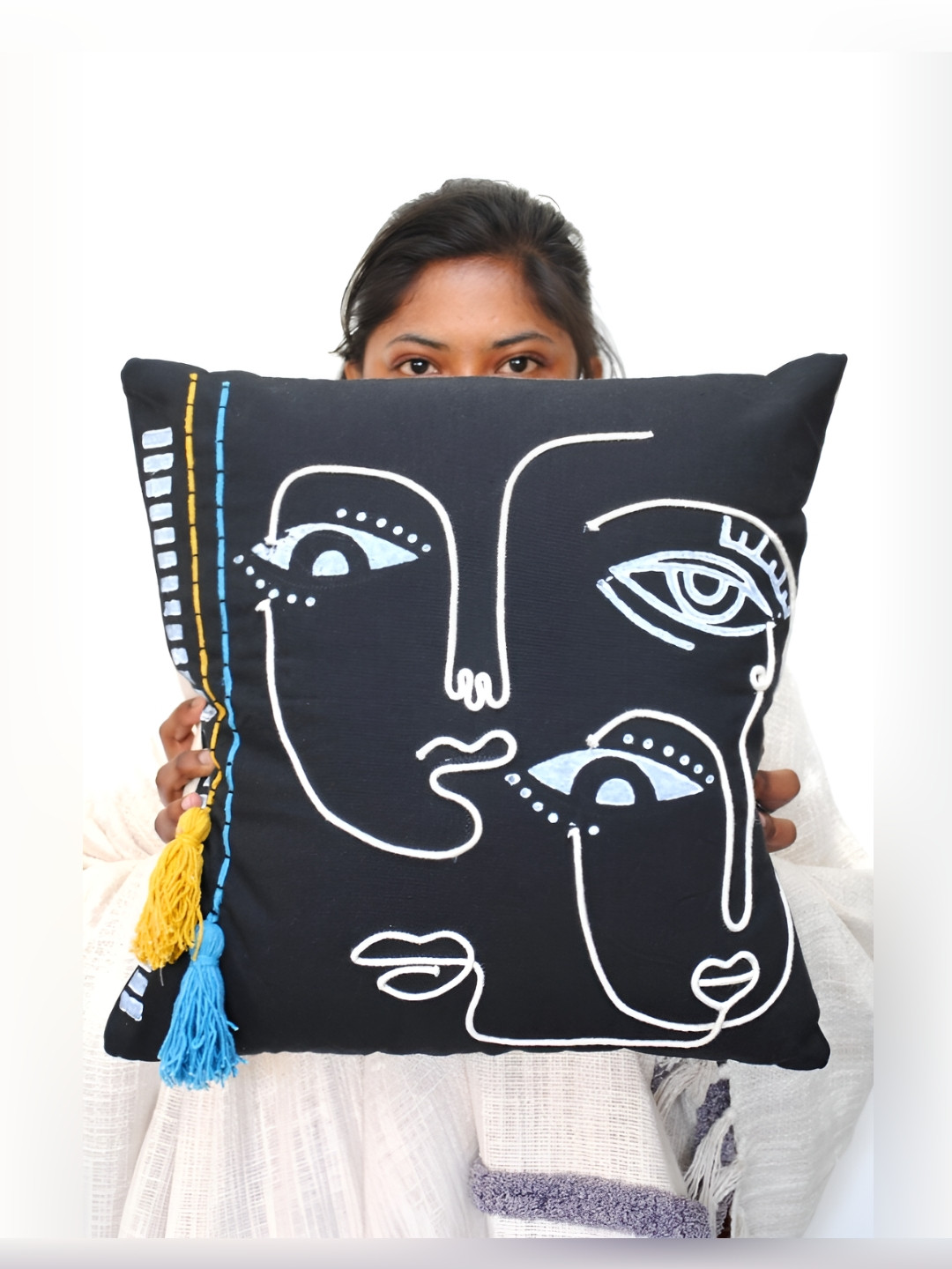 Art Avenue Block Print White Abstract Cotton Embroidered Square Cushion Cover -18x18In