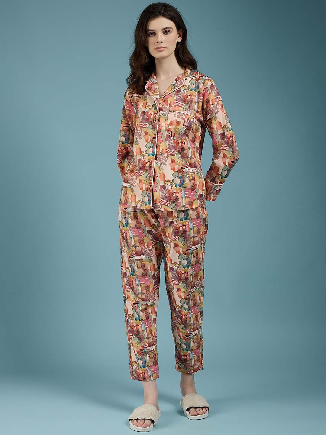 Routes by All About You Peach Abstract Printed Full Sleeves Shirt With Trouser