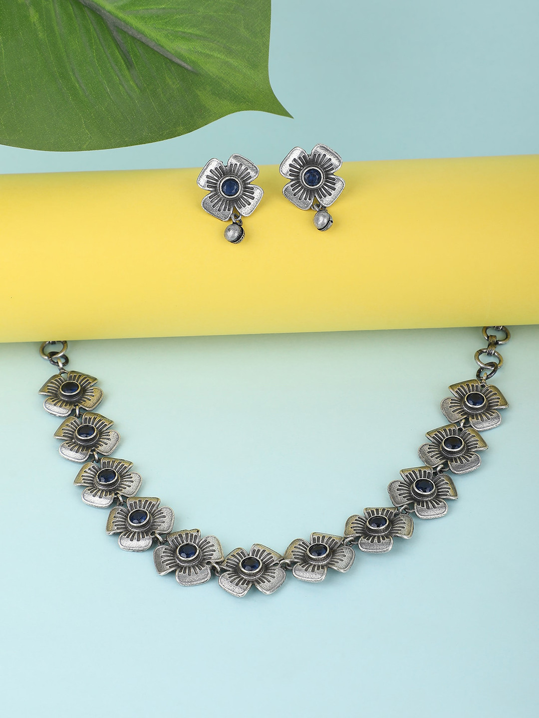 Sangria Blue Silver-Plated Stone Studded Oxidised Necklace and Earrings