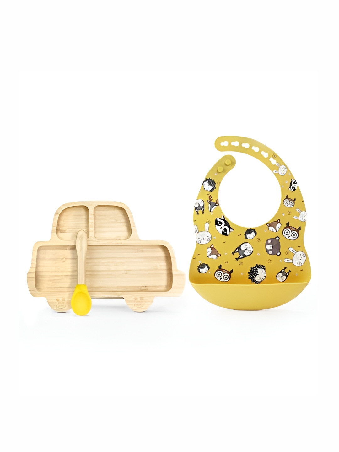 Starkiddo Yellow Bamboo Plates With Silicone-Tipped Bamboo Spoons & Silicone Bibs