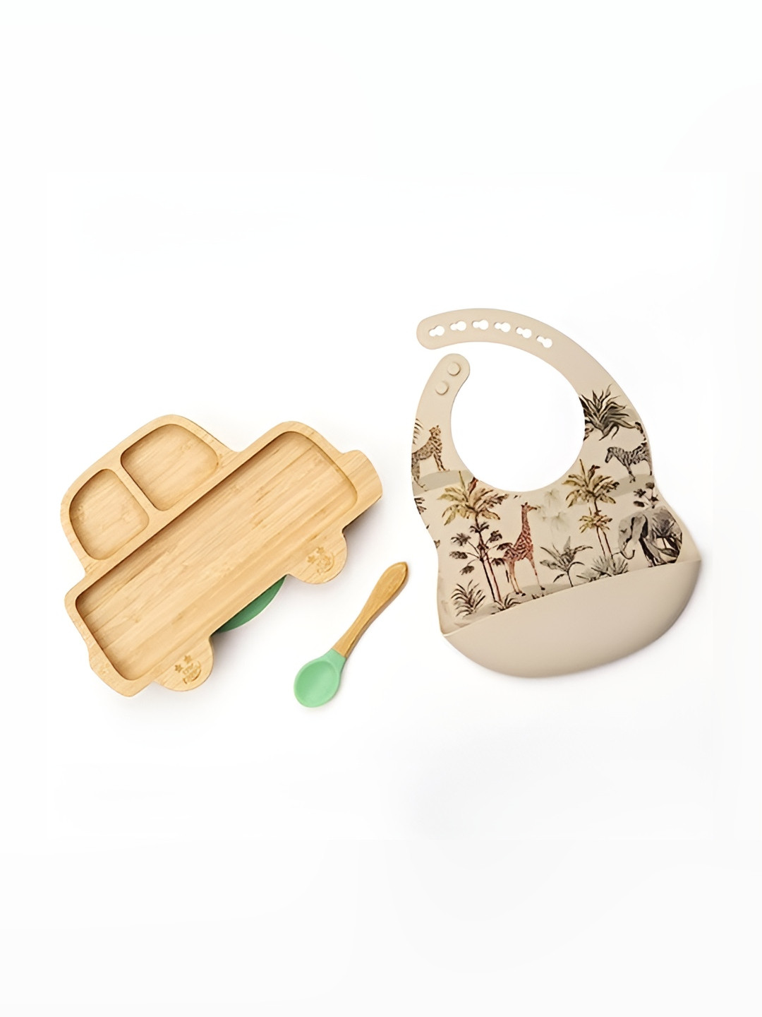 Starkiddo Brown & Green Car-Shape Bamboo Plate With Bibs Spoon & Fork
