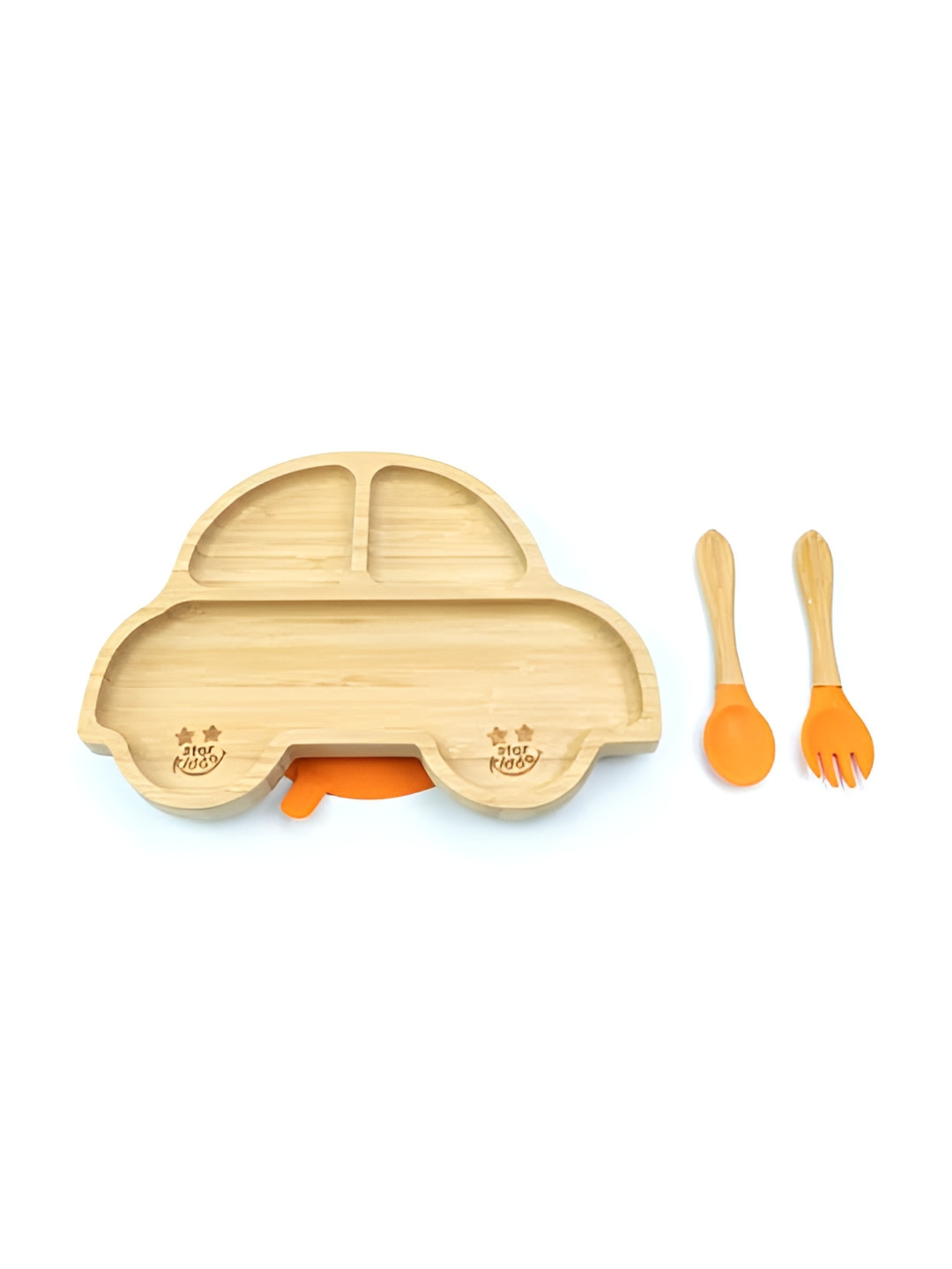 Starkiddo Brown & Orange-Coloured Elephant-Shape Bamboo Plate With Spoon & Fork