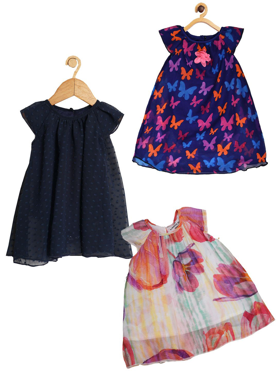 Creative Kids Girls Pack Of 3 Floral Print Round Neck Cap Sleeves A-Line Dresses