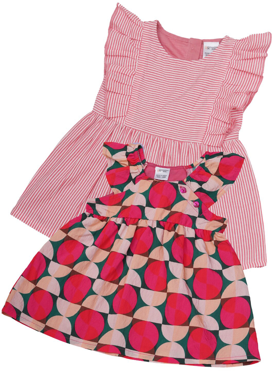 Creative Kids Girls Pack of 2 Striped Round Neck Cap Sleeves Cotton Fit & Flare Dress