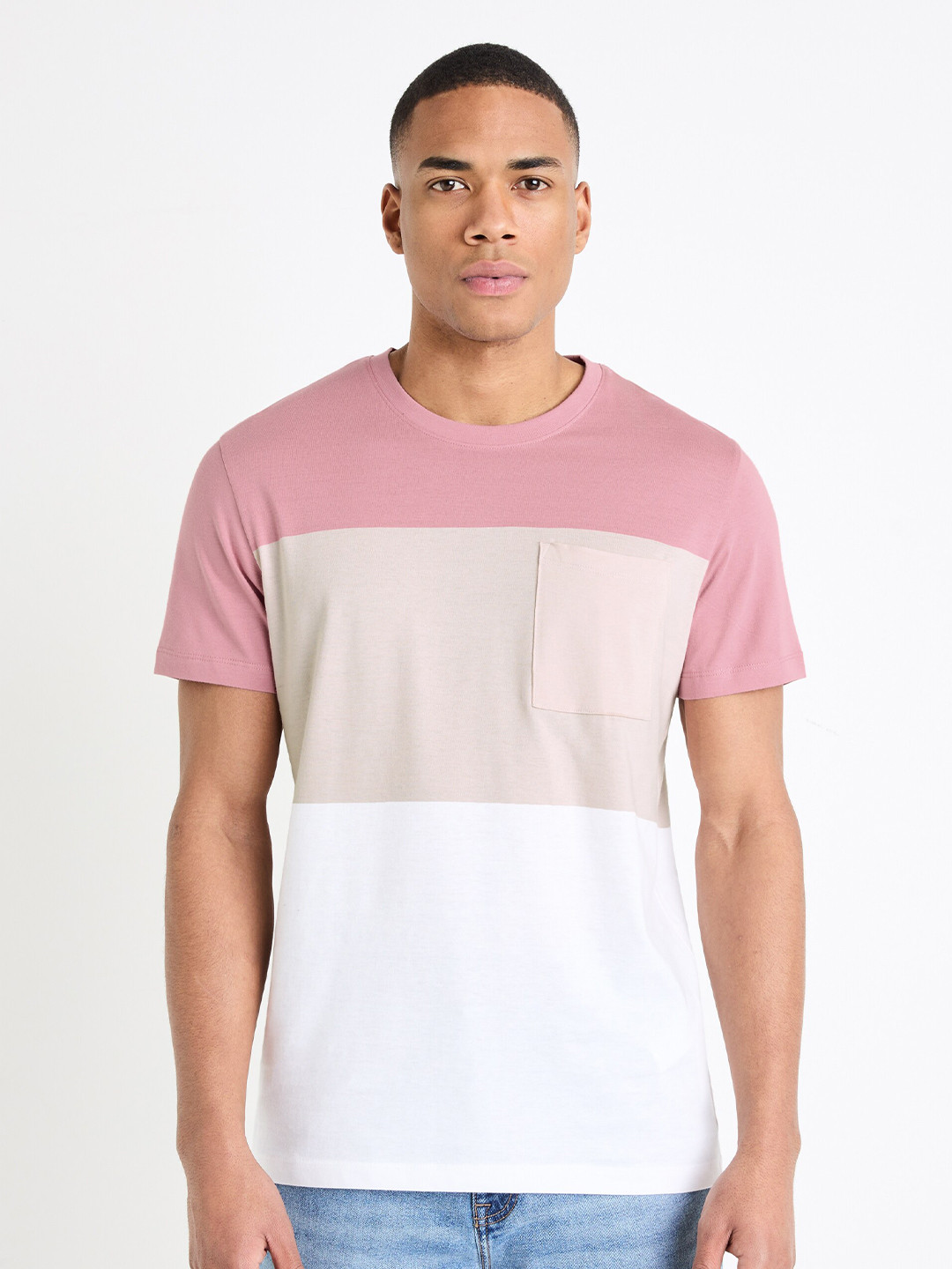 Celio Colour Blocked Round Neck Short Sleeves Cotton T-shirt