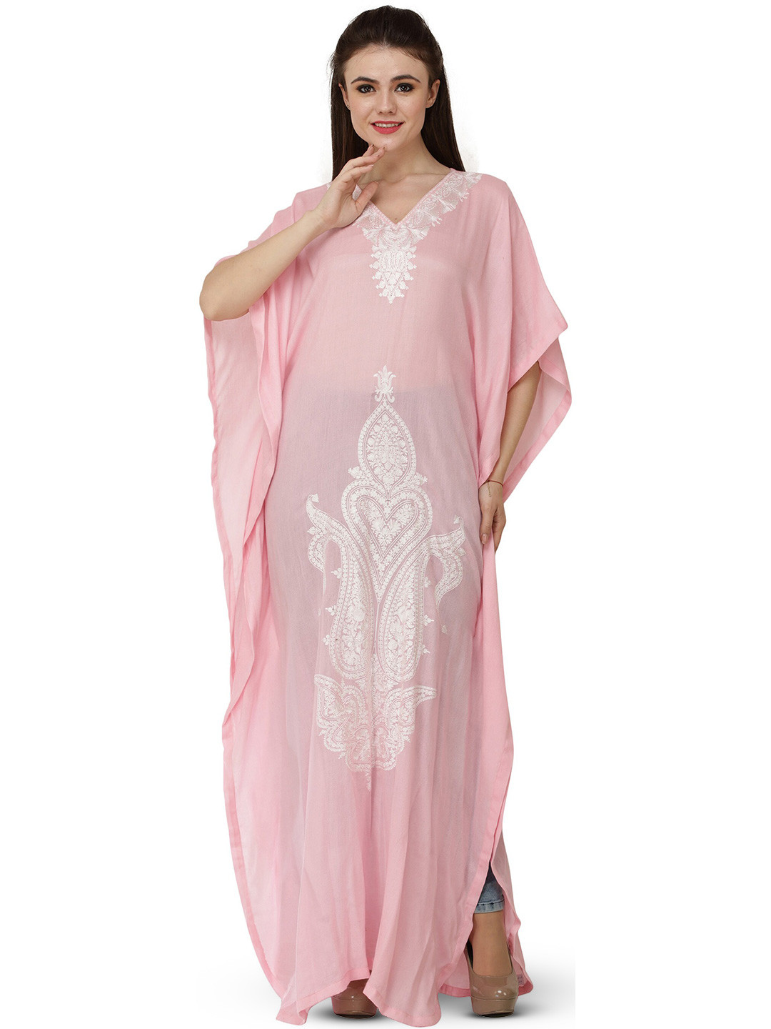 Exotic India Flared Embroidered Flared Sleeve Pure Wool Casual Maxi Dress