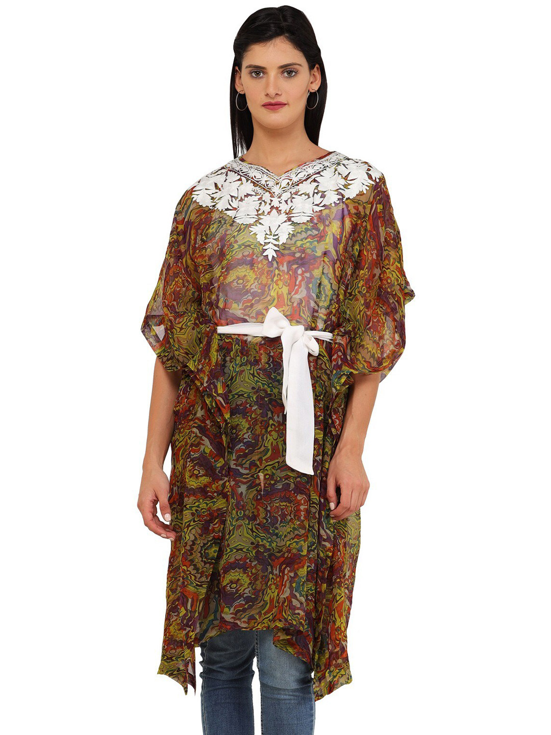 Exotic India Multicolored Camo Printed Kashmiri Kaftan with Aari Embroidered Flowers